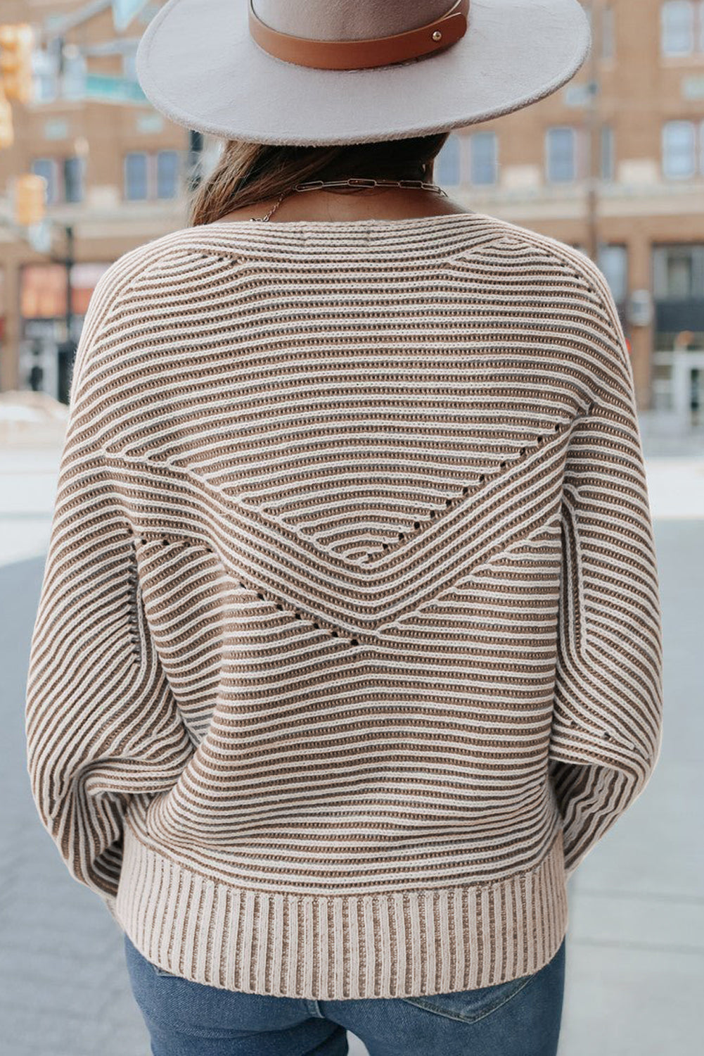 Striped Print Ribbed Knit Raglan Sleeve Baggy Sweater