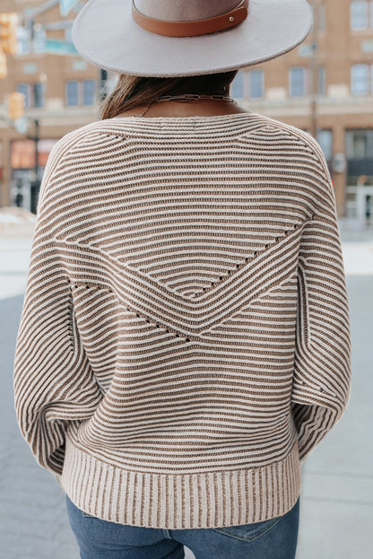 Striped Print Ribbed Knit Raglan Sleeve Baggy Sweater