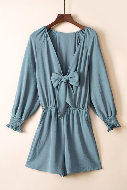 Tie Knot V Neck Puff Long Sleeve Romper