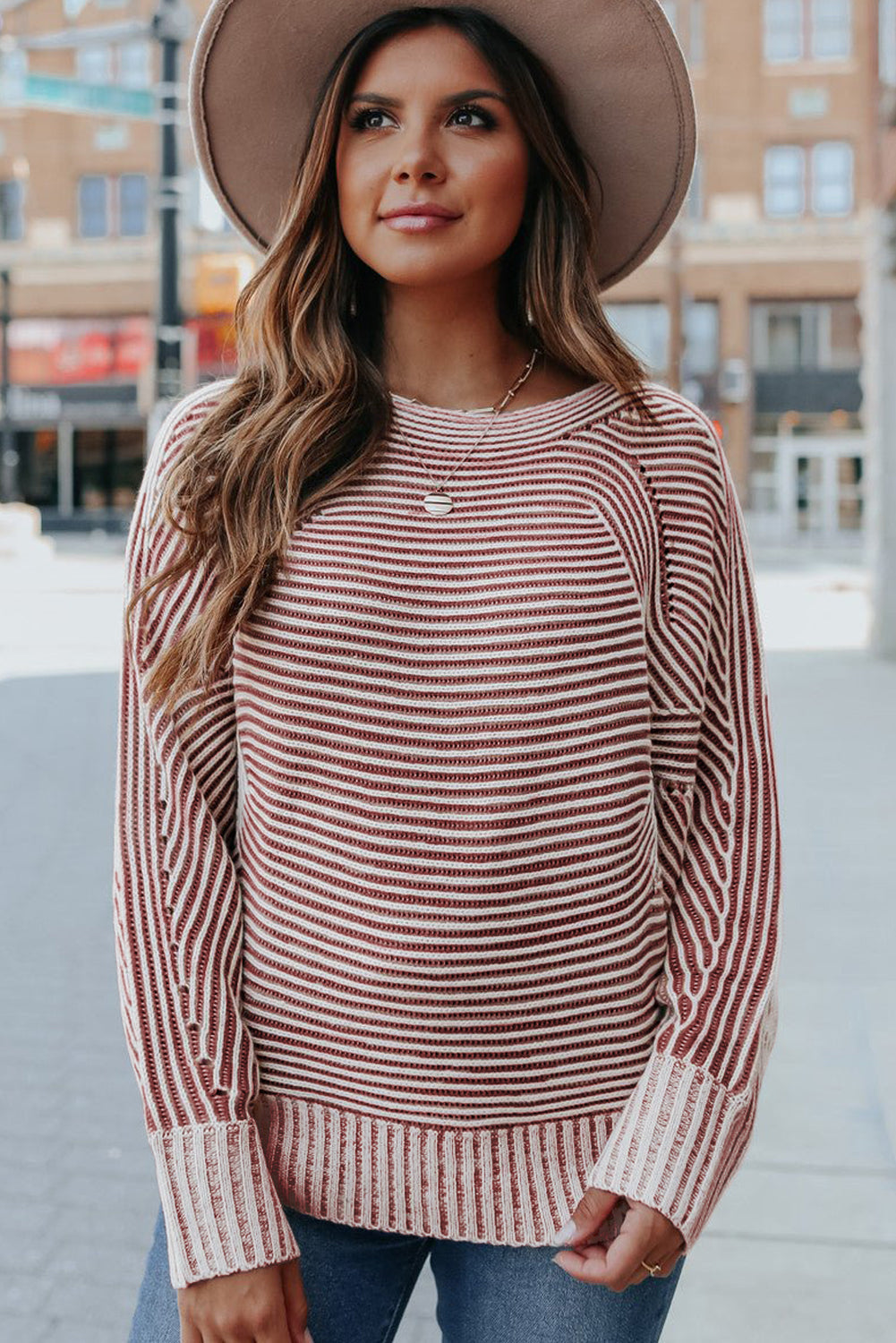 Striped Print Ribbed Knit Raglan Sleeve Baggy Sweater