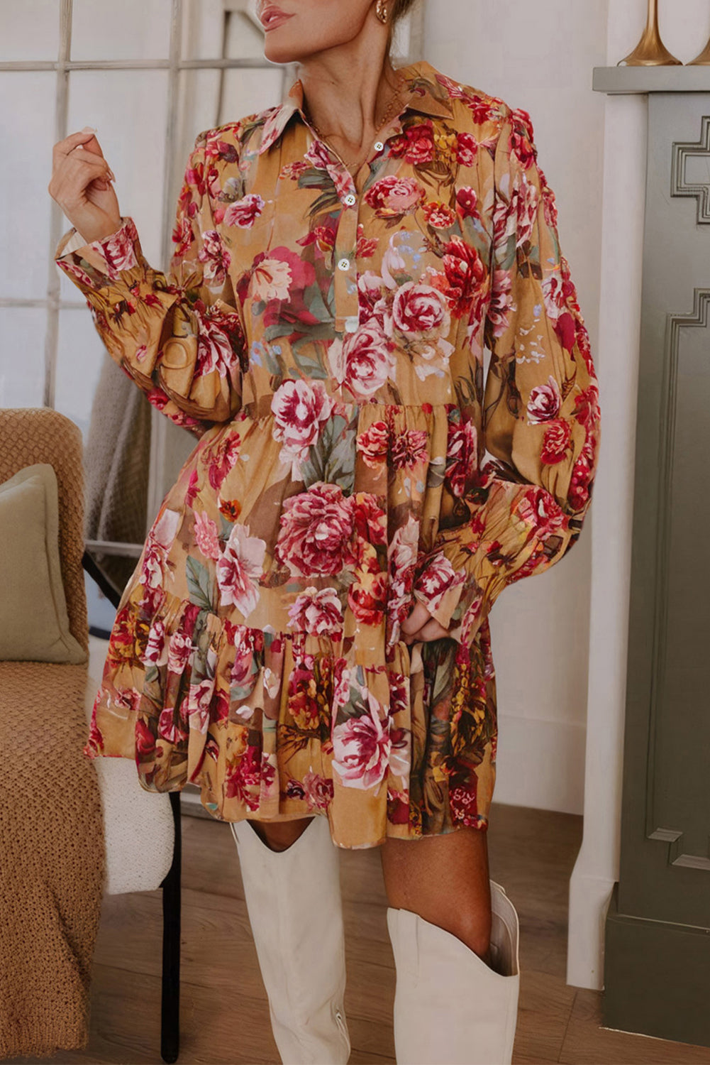 Brown Floral Print Shirt Style Long Sleeve Ruffle Mini Dress