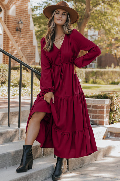 Solid Long Sleeve Button V Neck Tiered Maxi Dress