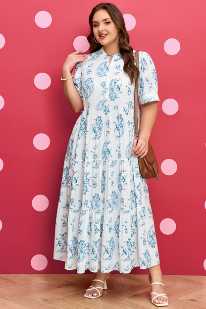 Sky Blue Plus Size Floral Print Button Split Neck Short Sleeve Maxi Dress