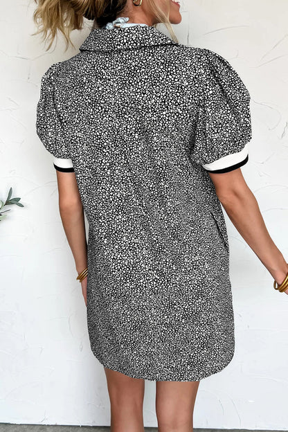 Black Leopard Print Contrast Striped Trim Polo Collar Short Sleeve Dress with Pockets