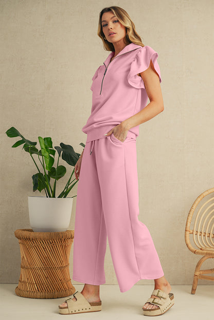 Textured Ruffle Sleeve Zipped Top and Wide Leg Pants Set