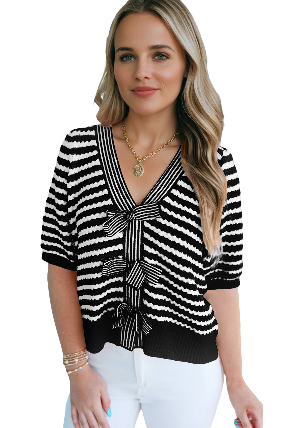 Stripe Short Sleeve Knit V Neck Bow Knot Sweater