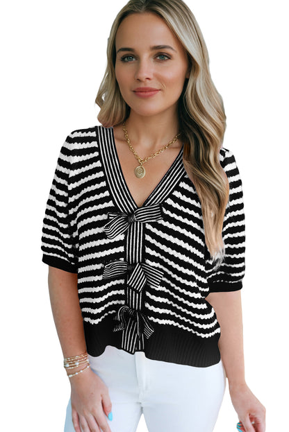 Stripe Short Sleeve Knit V Neck Bow Knot Sweater
