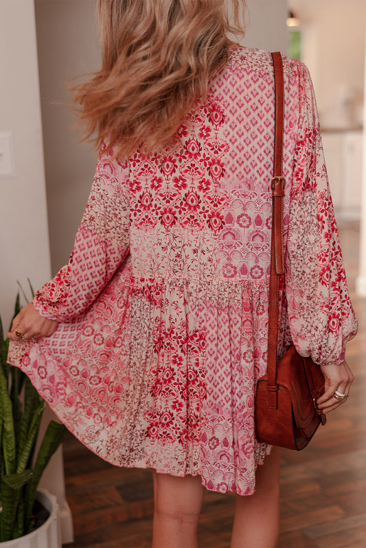 Pink Boho Floral Print Tassel Tie Long Sleeve Flowy Mini Dress