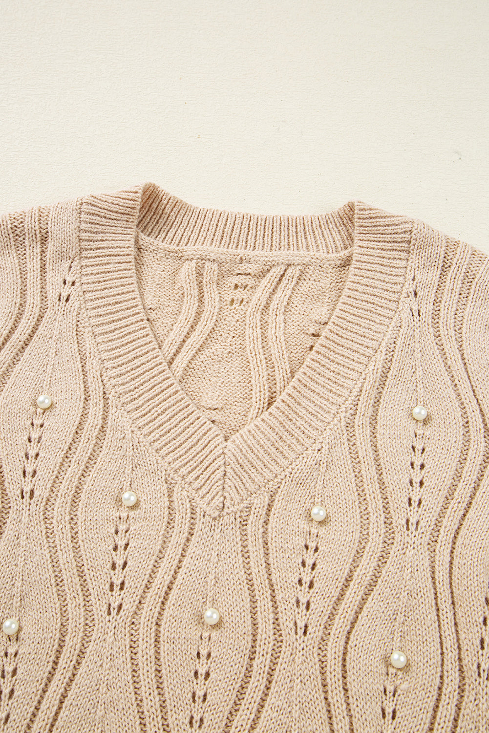 Beige Pearl Beaded Embellished Lace Applique Pointelle Knit Sweater