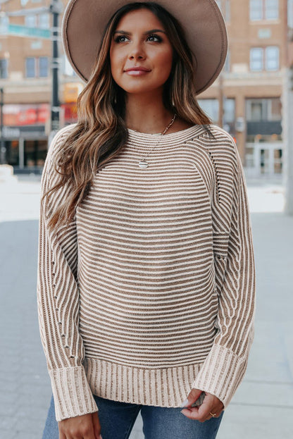 Striped Print Ribbed Knit Raglan Sleeve Baggy Sweater