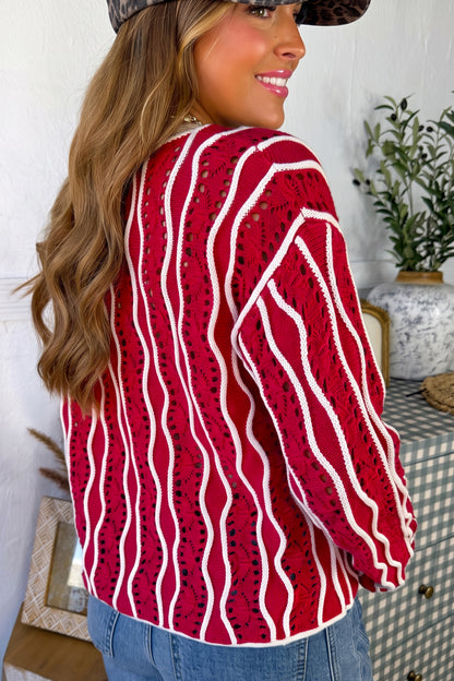 Red Wavy Stripe Hollow Out Pullover Sweater