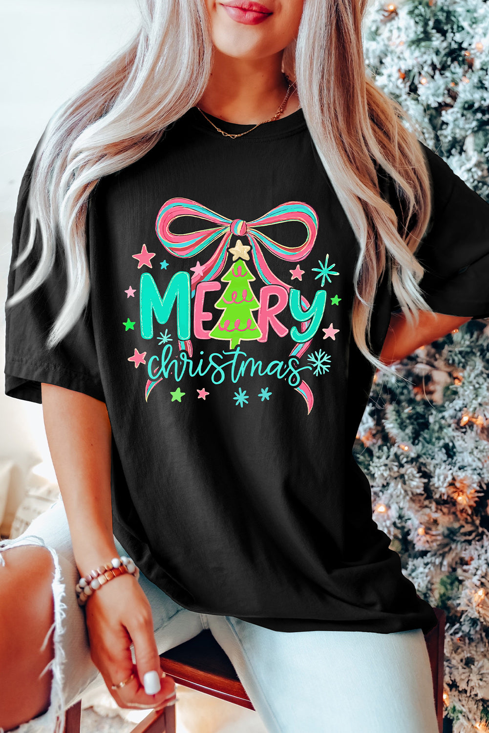 Black MERRY Christmas Vibrant Bow Heat Transfer Printing T Shirt