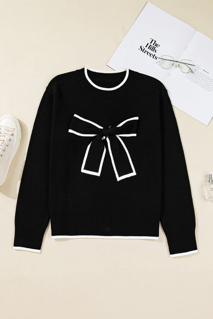 Black Contrast Trim Big Bow Accent Cropped Sweater