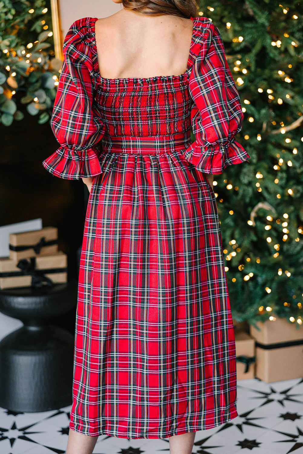 Plaid Square Neck Puff Sleeve Bowknot Waist Flared Midi Dress