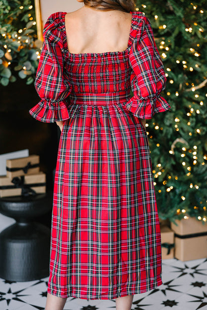 Plaid Square Neck Puff Sleeve Bowknot Waist Flared Midi Dress