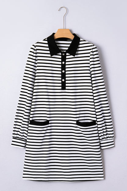 White Stripe Buttoned Front Collared Long Sleeve T Shirt Dress with Pockets
