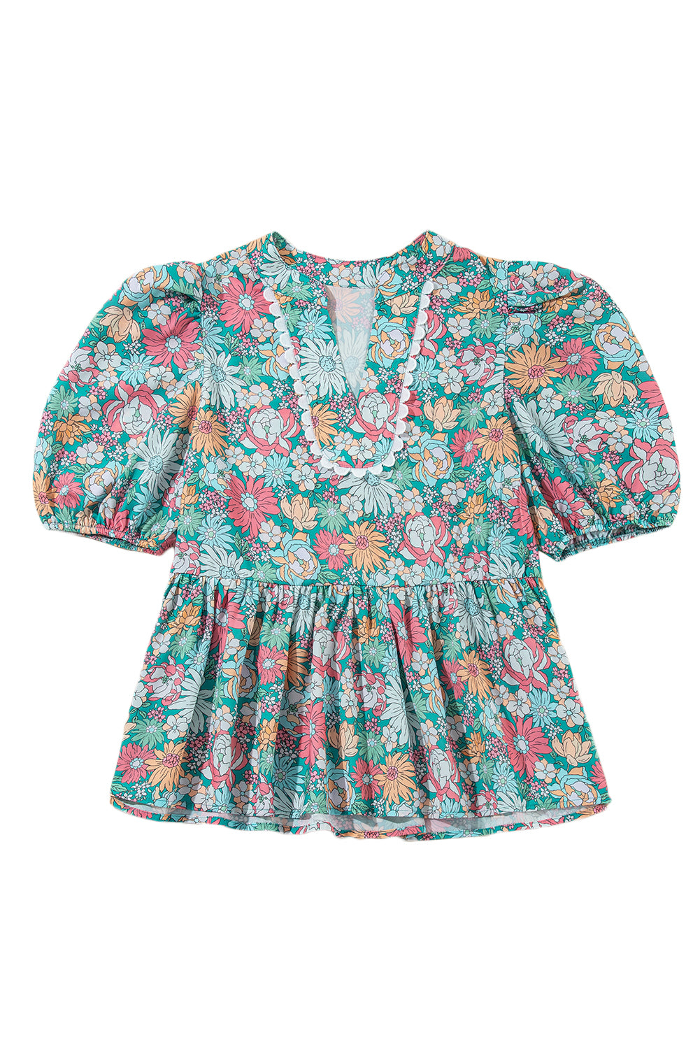 Multicolor Floral Print Short Puff Sleeve V Neck Boho Peplum Blouse