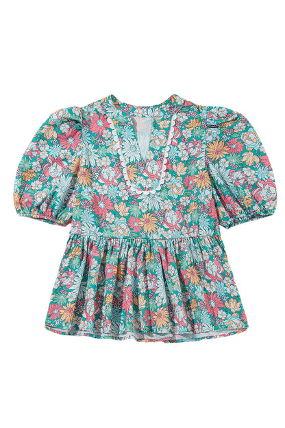 Multicolor Floral Print Short Puff Sleeve V Neck Boho Peplum Blouse