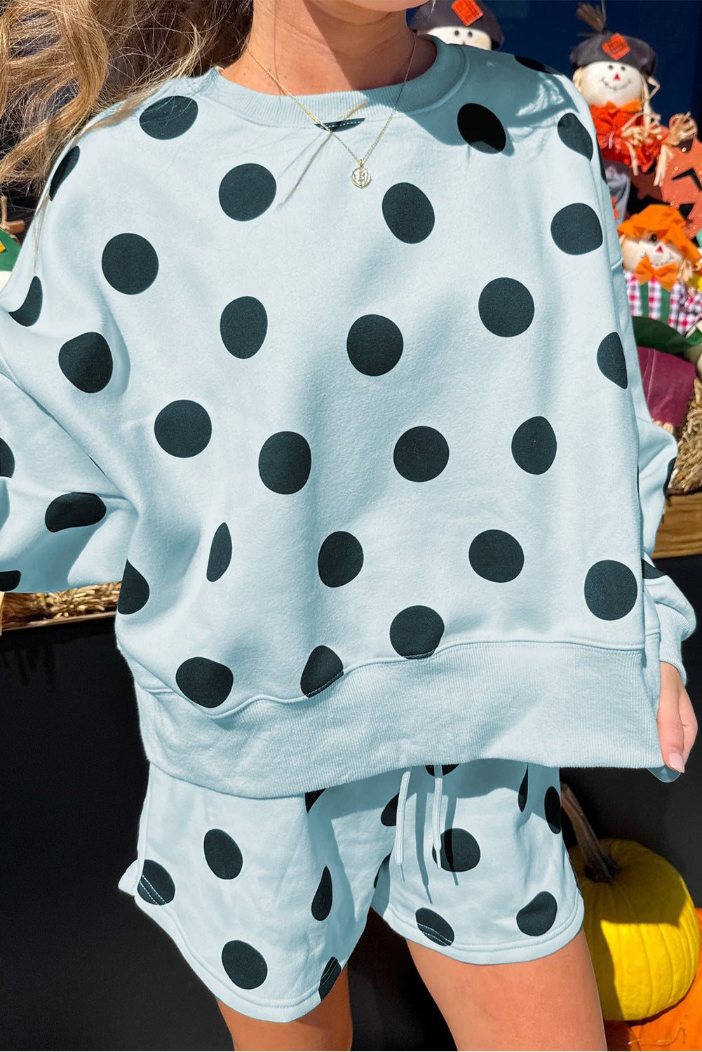 Polka Dot Print Drop Shoulder Pullover Drawstring Shorts Set