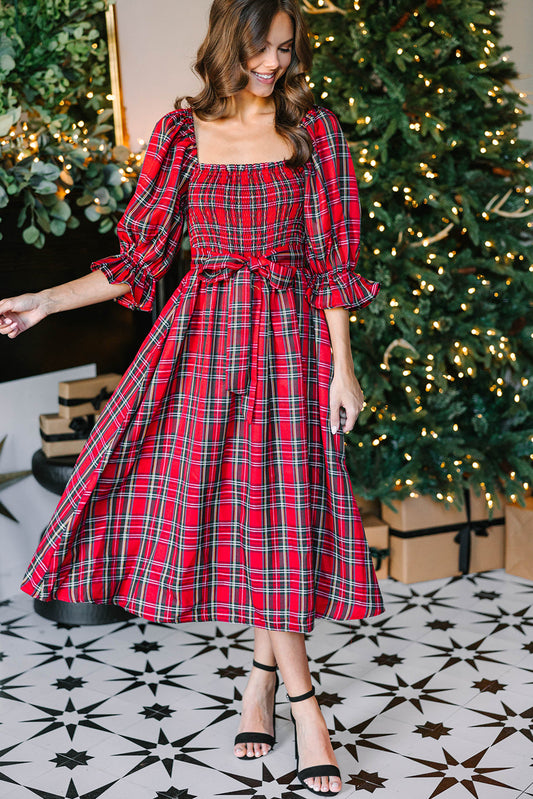 Plaid Square Neck Puff Sleeve Bowknot Waist Flared Midi Dress