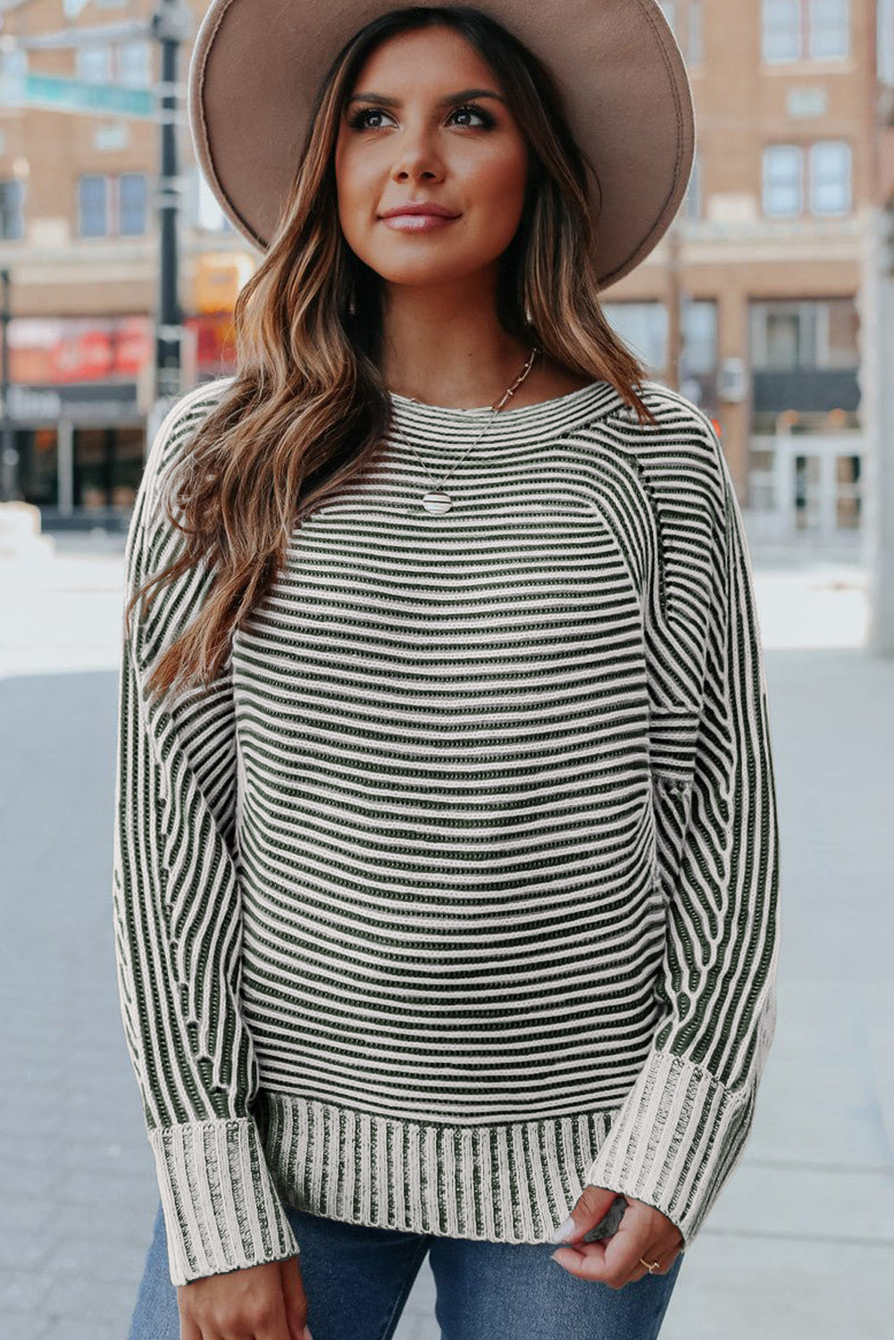 Striped Print Ribbed Knit Raglan Sleeve Baggy Sweater