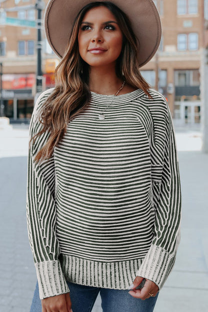 Striped Print Ribbed Knit Raglan Sleeve Baggy Sweater