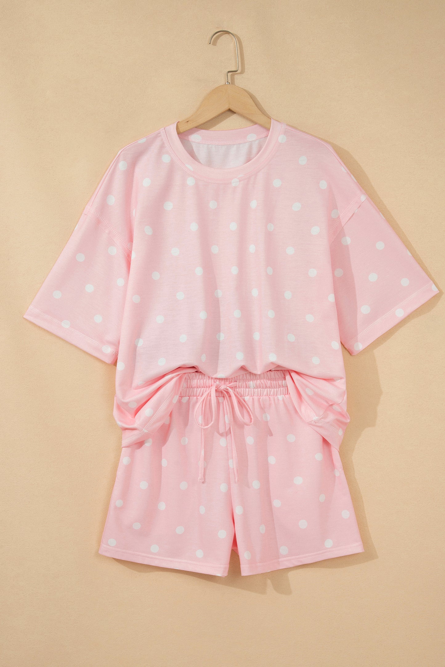 Polka Dot Short Sleeve Loose Top Drawstring Shorts Set