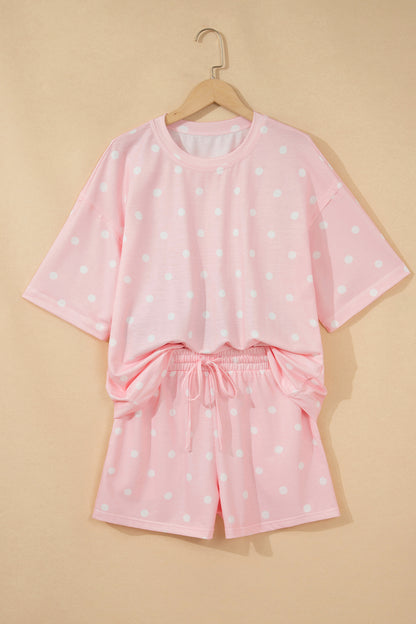 Polka Dot Short Sleeve Loose Top Drawstring Shorts Set