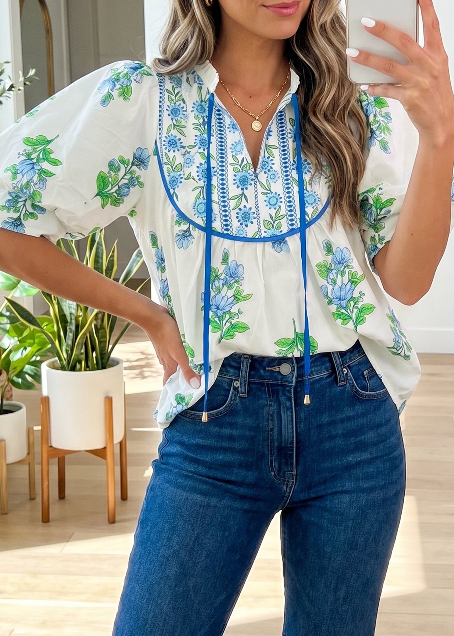 White Floral Print Contrast Trim Tie Neck Blouse