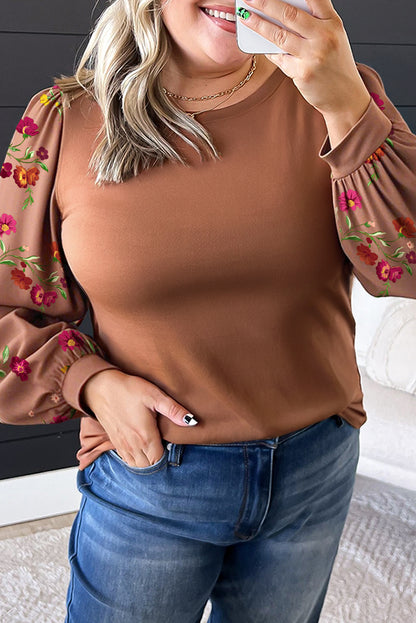 Brown Floral Puff Sleeve Round Neck Plus Size Blouse