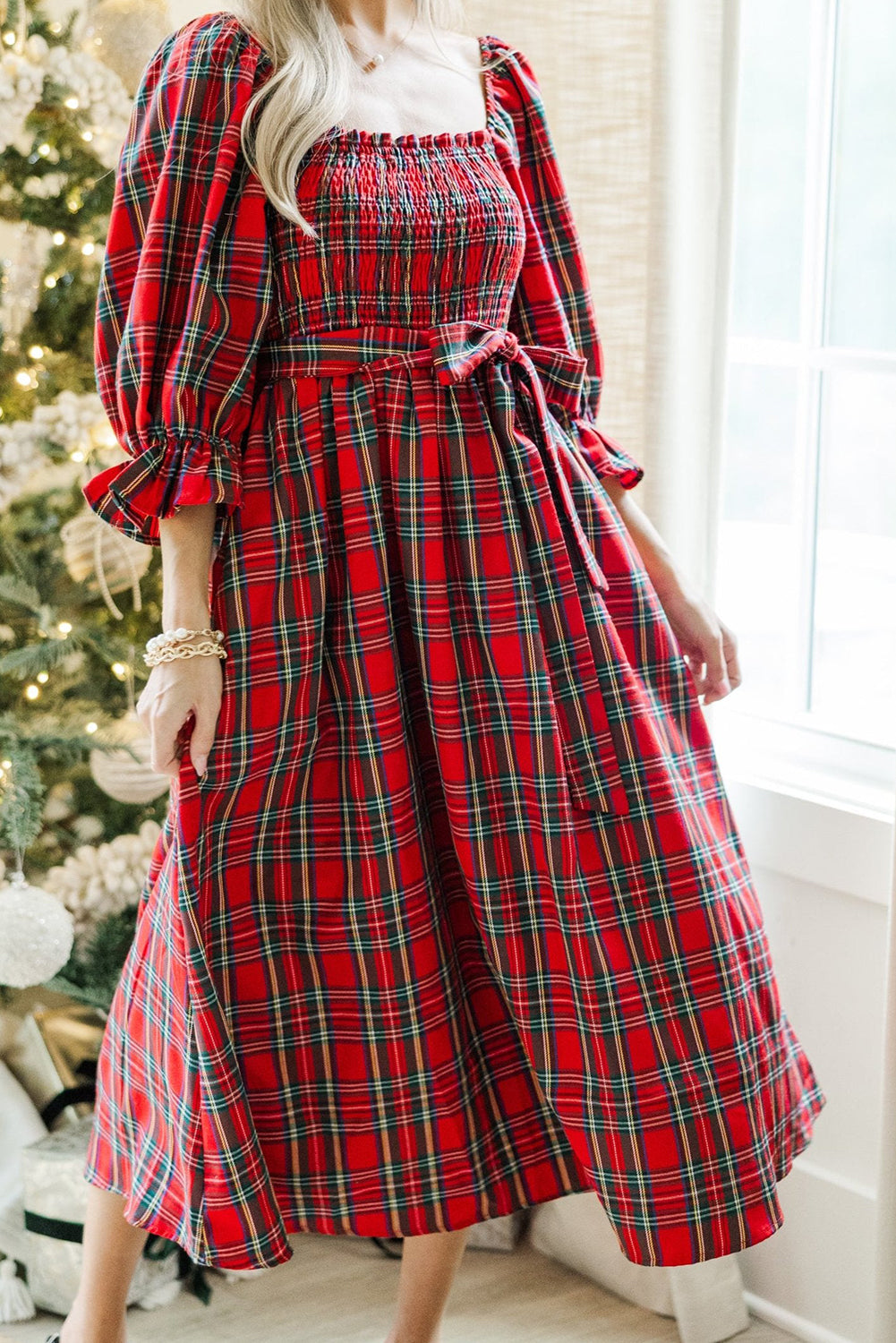 Plaid Square Neck Puff Sleeve Bowknot Waist Flared Midi Dress