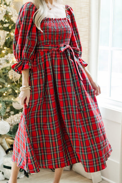 Plaid Square Neck Puff Sleeve Bowknot Waist Flared Midi Dress