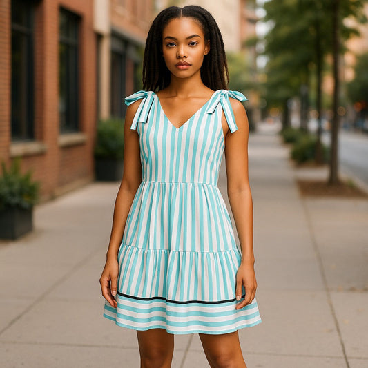 Light Green and White Striped Dress With Shoulder Ties