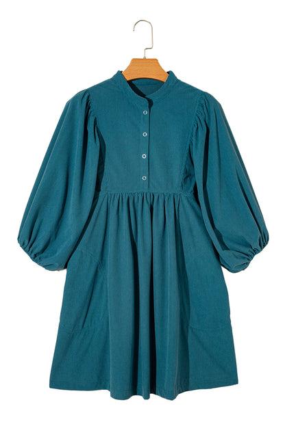 Light Snap Button Empire Waist Lantern Sleeve Corduroy Dress