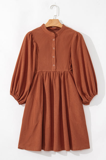 Light Snap Button Empire Waist Lantern Sleeve Corduroy Dress