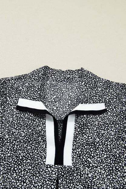Black Leopard Print Contrast Striped Trim Polo Collar Short Sleeve Dress with Pockets