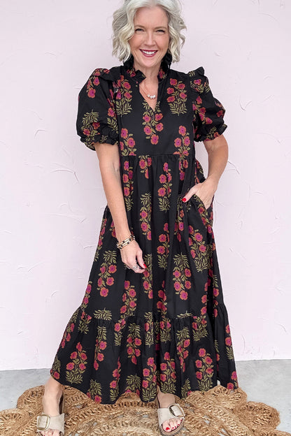 Floral Short Bubble Sleeve Tiered Maxi Dress
