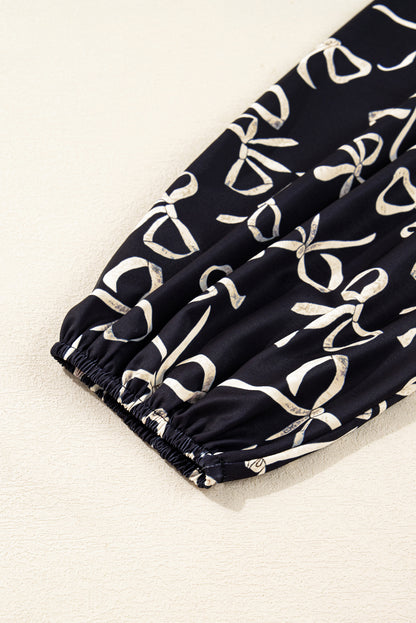 Black Bow Print Sleeve Patchwork Plus Size Blouse