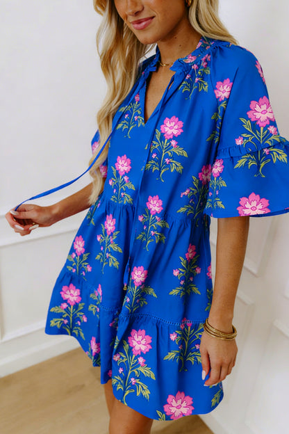 Blue V Neck Short Sleeve Loose Flower Dress