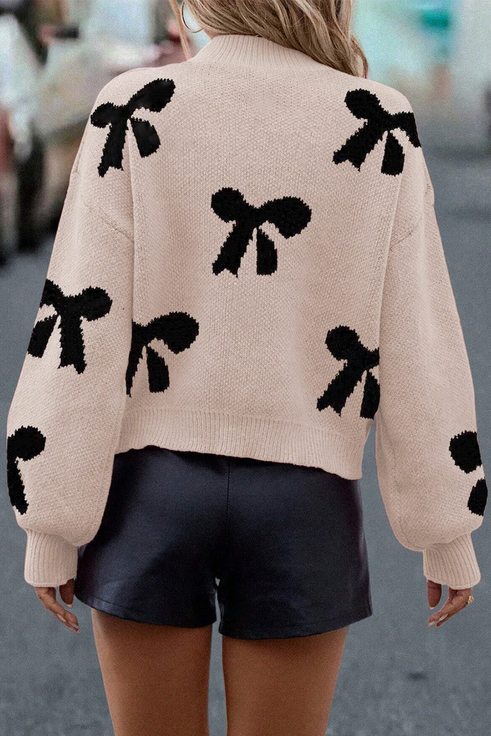 Pearl Embellished Bow Pattern Loose Sweater