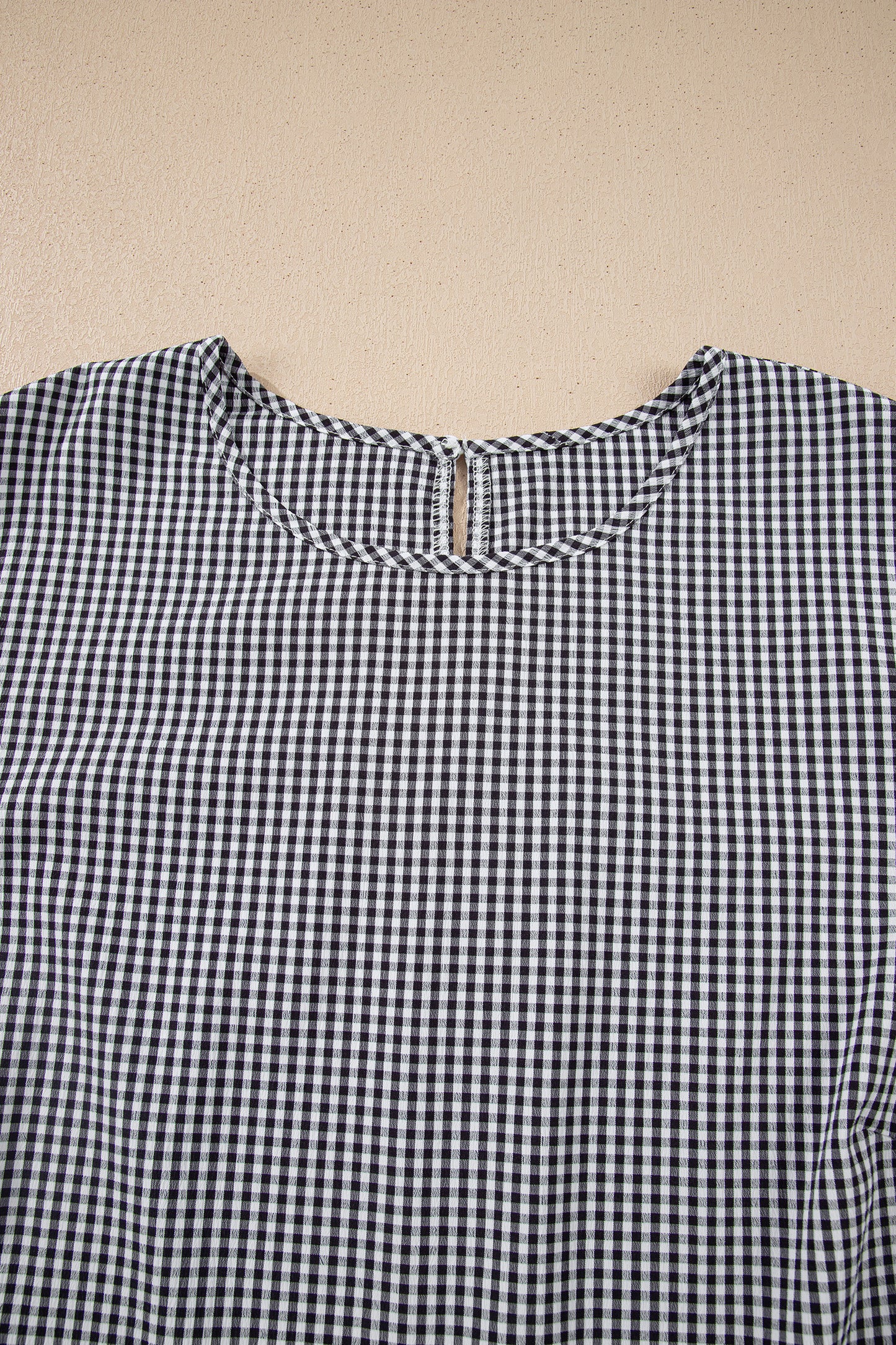Black Plus Size Plaid Bow Decor Bell Sleeve Round Neck Blouse
