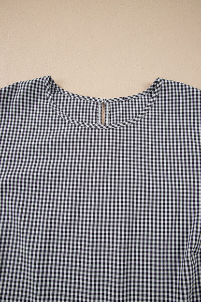 Black Plus Size Plaid Bow Decor Bell Sleeve Round Neck Blouse