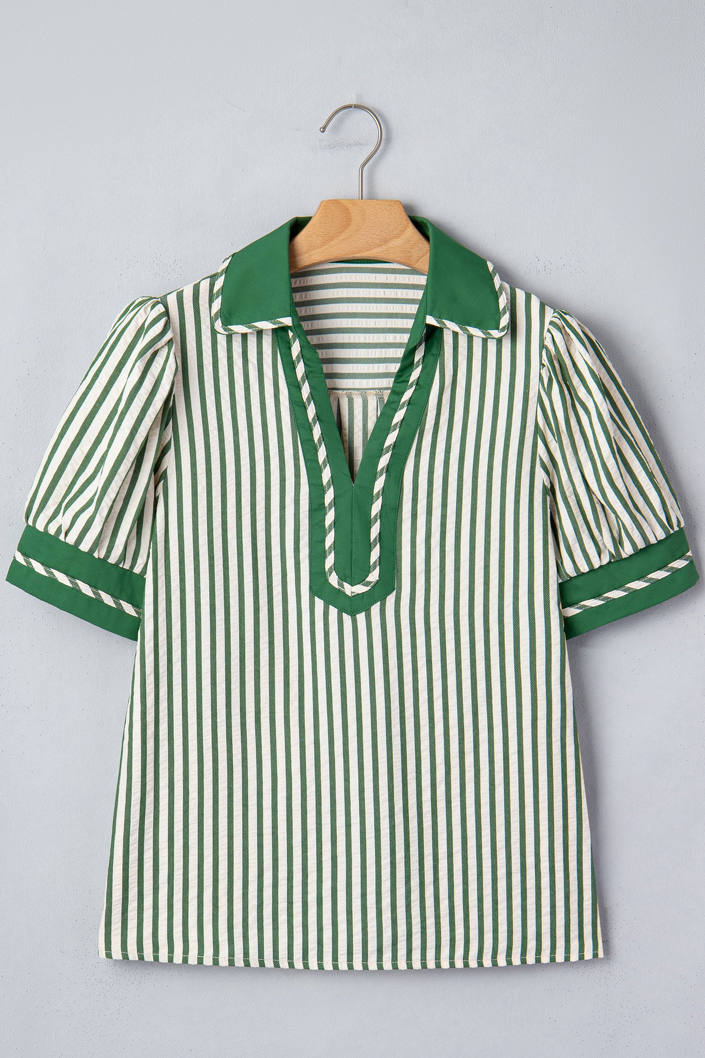Stripe Collared Split Neck Short Bubble Sleeve Blouse