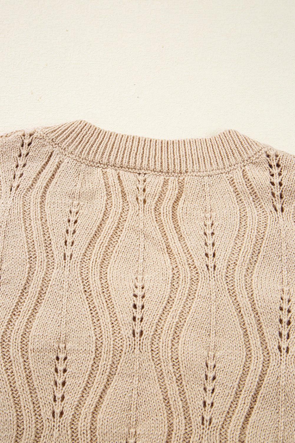 Beige Pearl Beaded Embellished Lace Applique Pointelle Knit Sweater