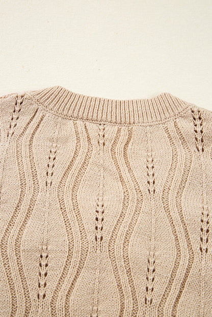 Beige Pearl Beaded Embellished Lace Applique Pointelle Knit Sweater