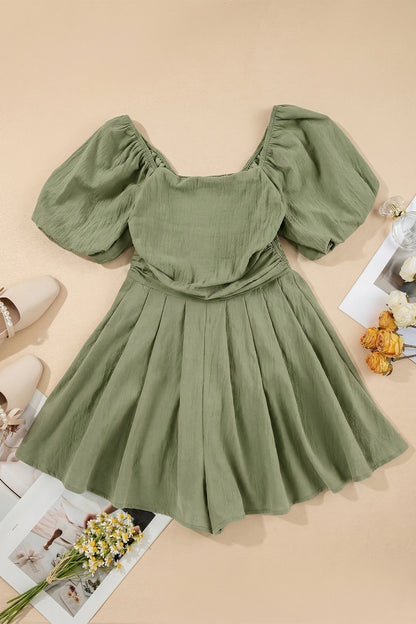 Square Neck Ruched Puff Sleeve Romper