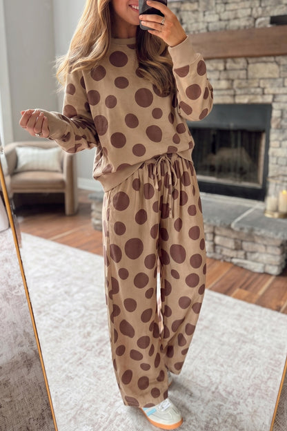 Polka Dot Long Sleeve Top Drawstring Relaxed Pants Set