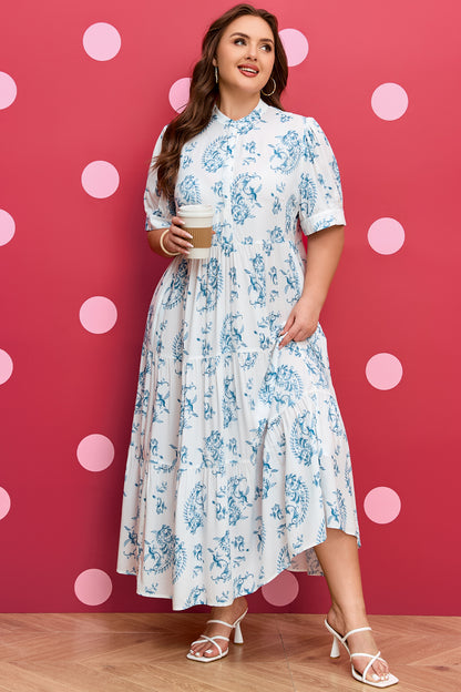 Sky Blue Plus Size Floral Print Button Split Neck Short Sleeve Maxi Dress