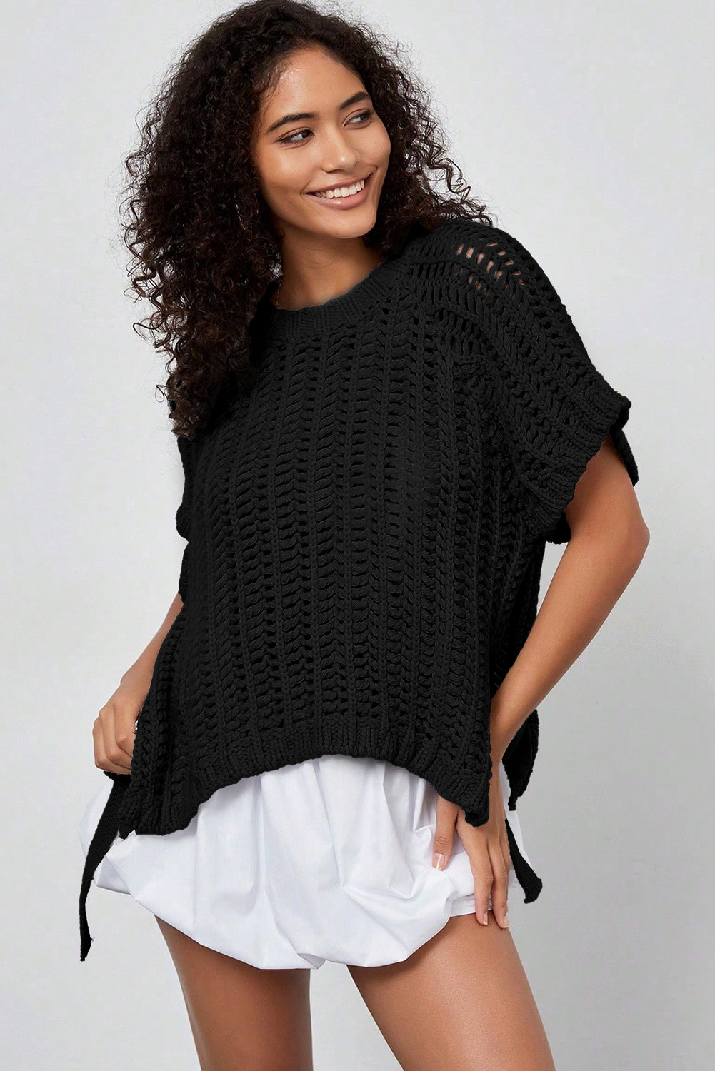 Open Knit Bow Tie Short Sleeve Sweater