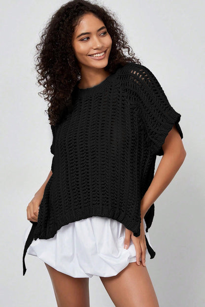 Open Knit Bow Tie Short Sleeve Sweater